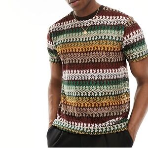 ASOS Short Sleeve Crocheted Stripe Tee in Multi Size L